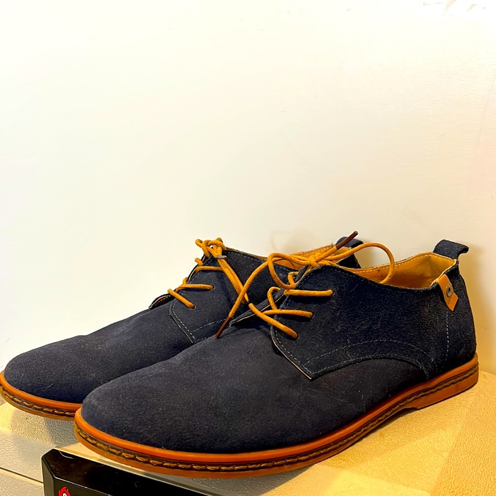 Blue Suede Shoes with Tan soles and laces